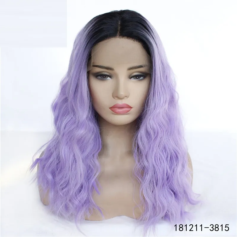 Full syntetisk spets fram peruk simulering mänskligt hår lacefront peruker 14 ~ 26 inches svart lila ombre färg 181211-3815