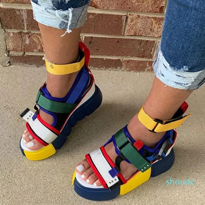 Горячая распродажа - платформа Open Toe платформа красочные цветные блок сандалии женщины 2020 летняя мода повседневная открытая пляжная обувь 4 цвета