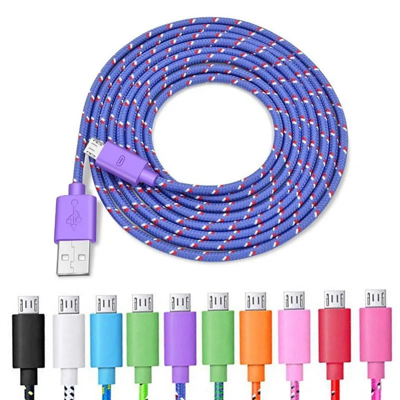 Partihandel för de flesta mobiltelefoner 10ft 3M robustiserade färgglada flätade tyg Micro USB 2.0 Datekabel