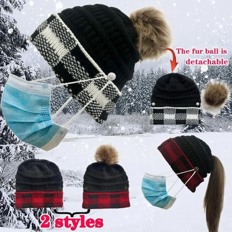 Chapéu de gorro com botões e impressão xadrez de veludo tampa macia de malha de malha elástica de chapéas elásticas de inverno