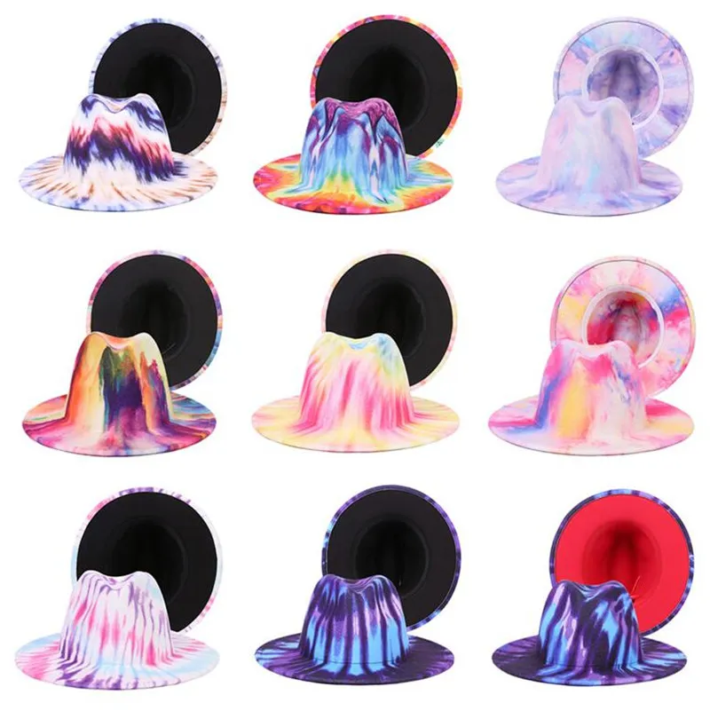 Tie Dye Fedora Chapeaux Femmes Hommes Fedoras Femme Homme Jazz Haut-de-Forme Femme Large Bord Casquette Mâle Feutre Chapeau Printemps Automne Hiver Mode Panama Casquettes En Gros 2022