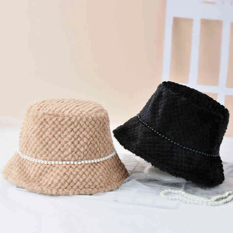 2021 New Hats For Women Autumn Winter Bucket Hats Lamb Plush Soft Warm Fisherman Hat Panama Casual Caps Lady Flat Korean Style G220311
