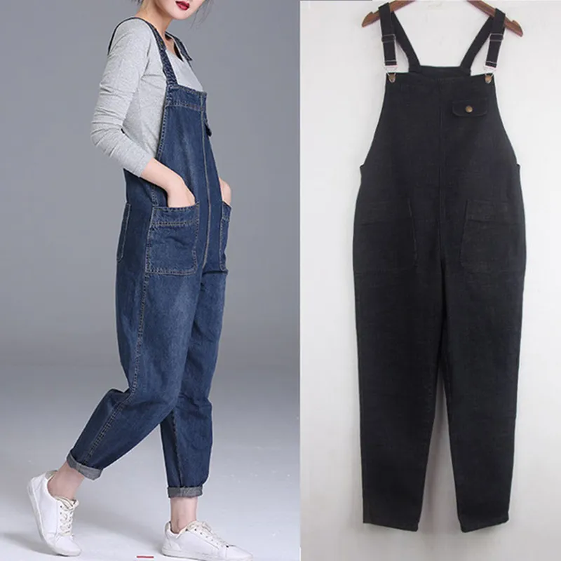 Plus Size 6xl Denim Jumpsuit Loose Boyfriend Jeans for Women Pocket Long Harem Black Overalls Wide Leg Rompers C5217 200930