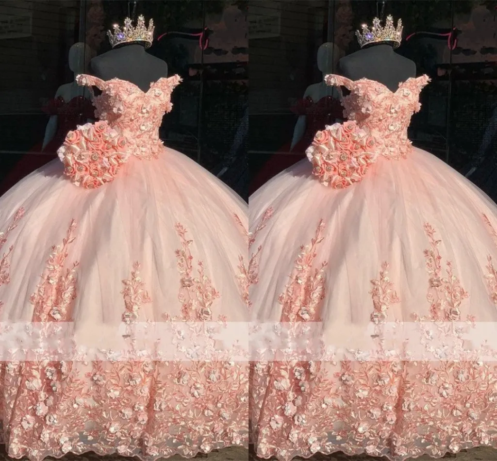 2022 Hot Pink 3D Fleurs Floral Dentelle Quinceanera Prom Sweet 16 Robes Hors Épaule Tulle Corset Retour Occasion Spéciale Robe Femmes