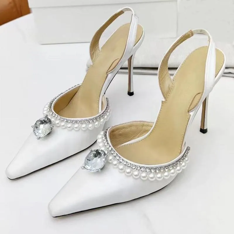 fashion High heeled sandals 100% Leather summer Women Fine heel Heels shoe sexy Pearl Satin Womens Shoes cloth lady Diamonds Pointed shoes Large size 35-41-42 With box