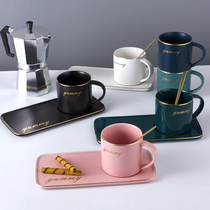 Keramisk kaffekopp Set Nordic Guldpläterad Keramik Kaffe Kopp Kaffekopp och tallrik Set Eftermiddag Tea Sällsyn