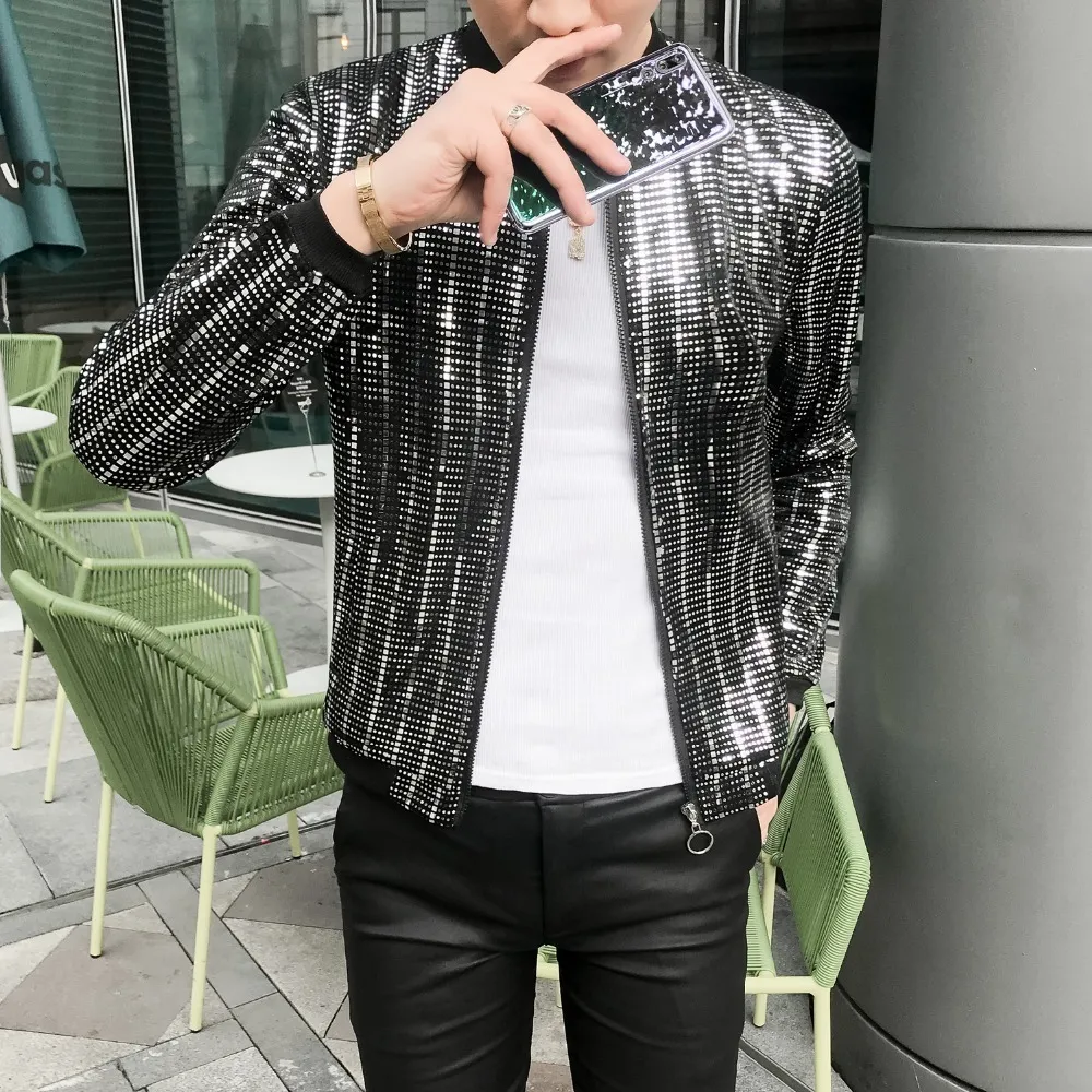 Men's Jackets Glitter Sequins Punk Style Summer Thin Outerwear Coat Male Stage Nightclub Dancing Slim Fit Fashion Jacket for Men 201105