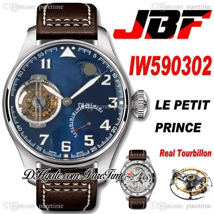 JBF IW590302 Konstant-Force Tourbillon Manual Wind Mens Watch "Den lilla prinsen" Moon Phase Power Reserve Steel Case Blue Dial Brown Leather Super Edition Puretime