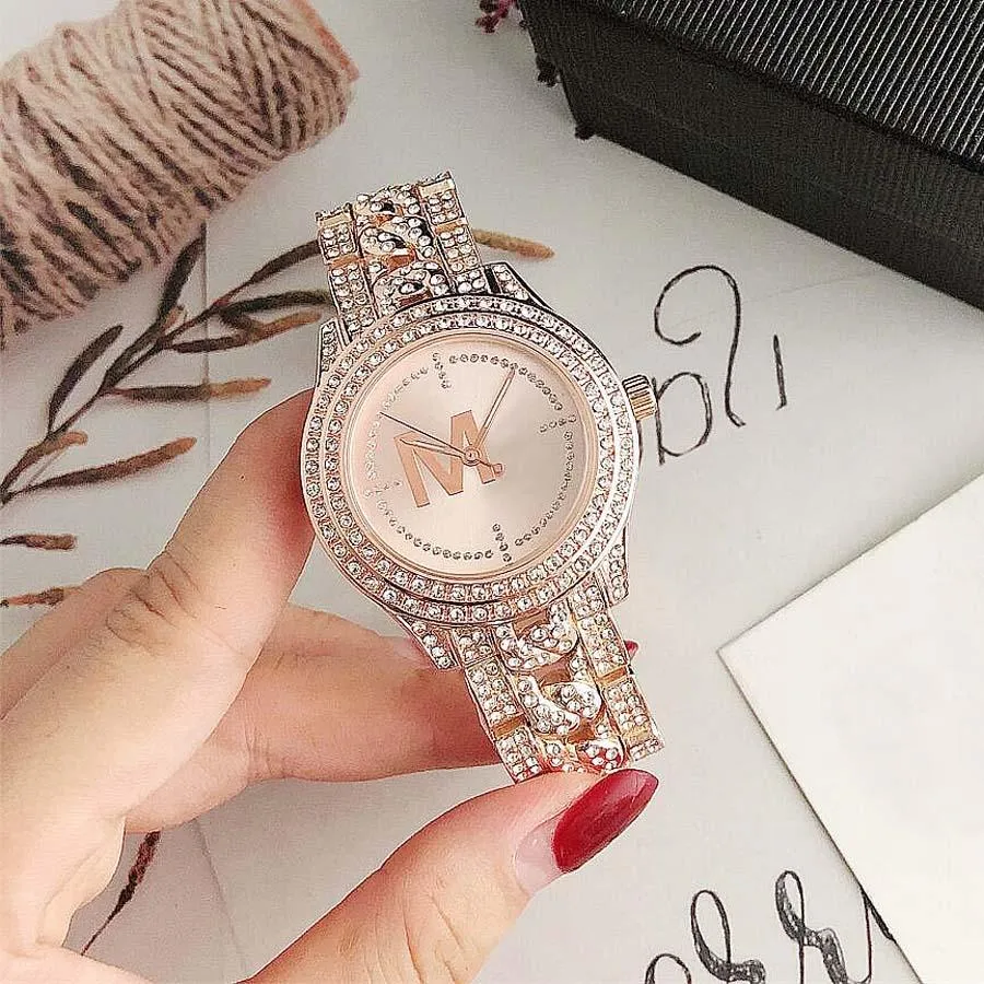 Brand Watches Women Lady Girl Diamond Crystal Big Letters Style Metal Steel Band Quartz Wrist Watch pretty durable gift grace high290P