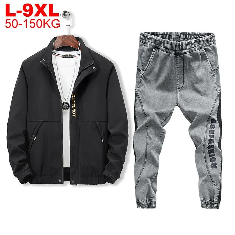 Höst Vinter Två Piece Jack Jeans Tracksuit Set Män Sportkläder Hip Hop 9XL Oversized Mens Sporting Jogger Outfits Denim Byxor