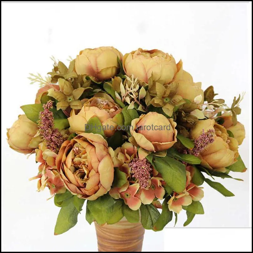 1pc 13 heads Fake Peony Flowers Bouquet Vintage Artificial Peony Silk Flowers Wedding Home Party Decoration 220110