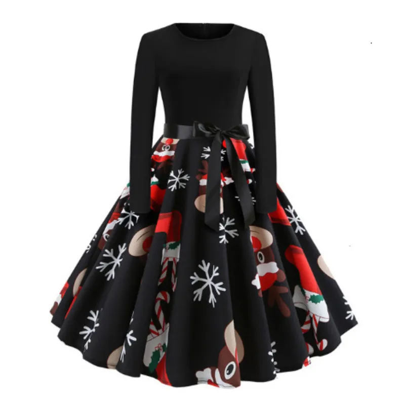 Vintage Christmas Dress for Women - Elegant Print, Long Sleeve, Big Swing, Plus Size Robe Dress Female with Belt - Perfect for Parties and Events (