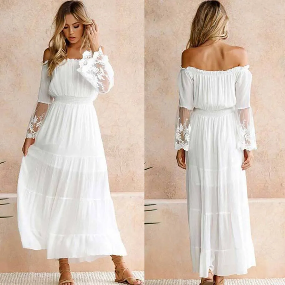 WildPinky été robe d'été femmes robe de plage blanche sans bretelles à manches longues lâche Sexy hors épaule dentelle Boho en mousseline de soie Maxi robe Y0118