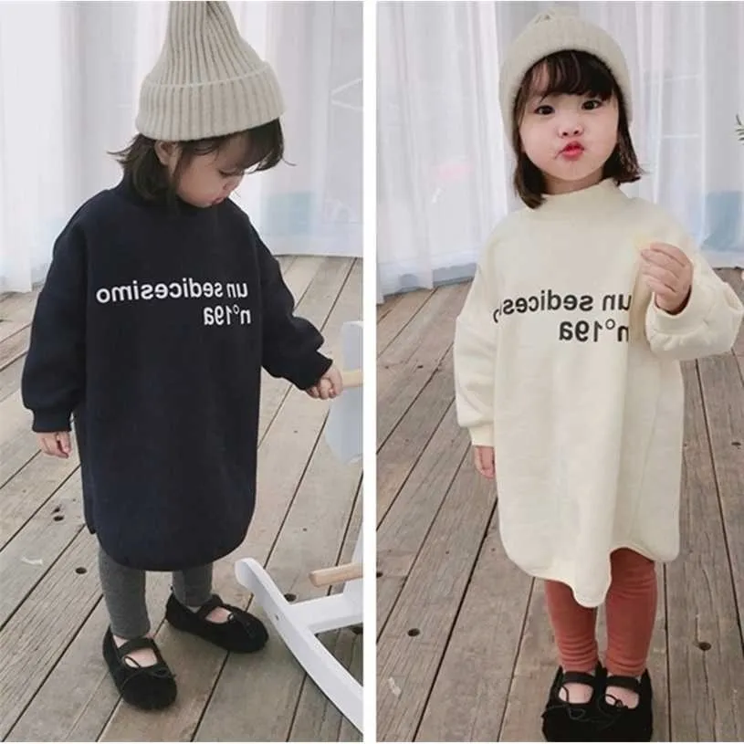 Herbst Winter Koreanischen Stil Mädchen Fleece Langarm Hoodies Kleid 2-6 Jahre Kinder Warme Baumwolle Freizeitkleidung Tops 211231