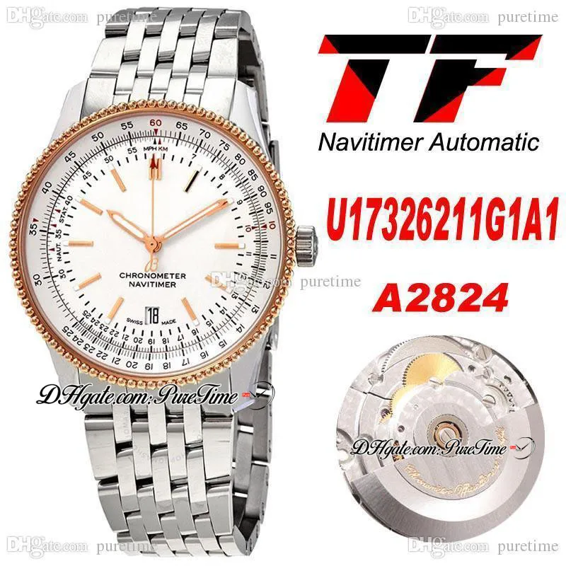 TF 41 / 38mm U17326211G1A1 ETA A2824 Orologio da uomo automatico in oro rosa Quadrante bianco Indicatori a bastoncino Bracciale in acciaio inossidabile Orologi Super Edition Puretime TFA02b2