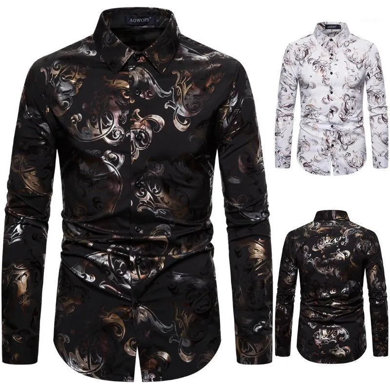 Men Dress Shirts Spring Nightclub Fashion Men Gilt Printed Stretch Long-sleeve Shirt1