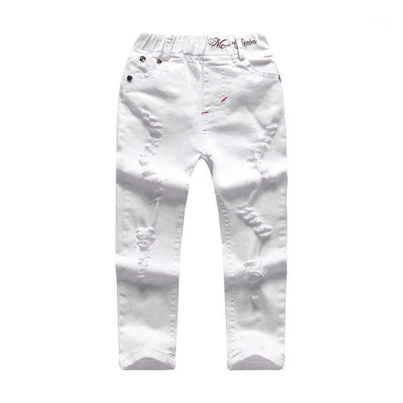 Jeans Barn Broken Hole Byxor Byxor Baby Boys Brand Fashion Höst 5-8Y Vit Kids Kläder 2021 301