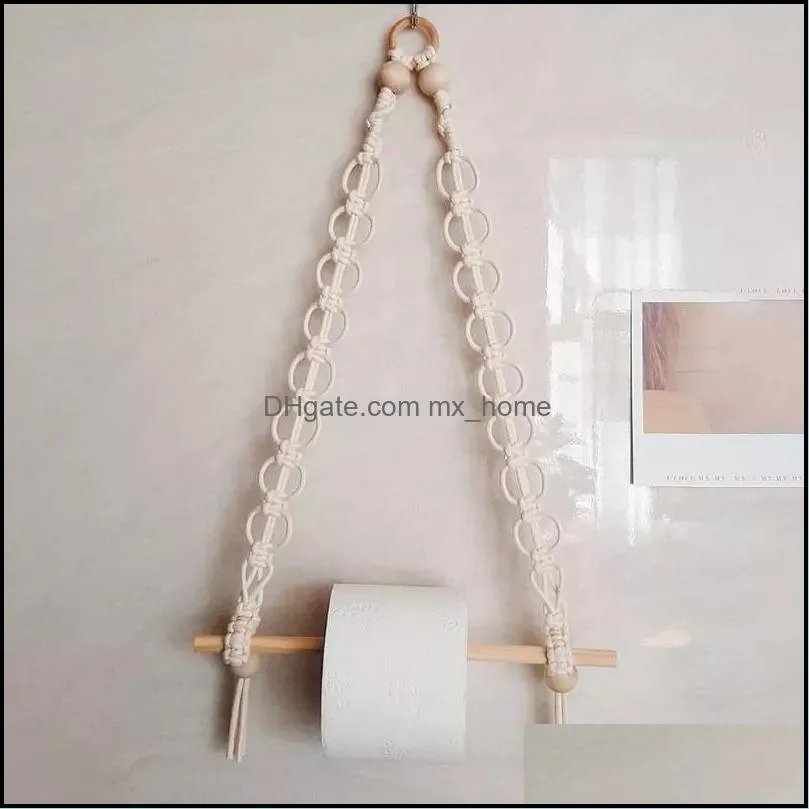 2Pcs Nordic Macrame Wall Hanging Wooden Stick Toilet Paper Holder Towel Hanger Decor Holders