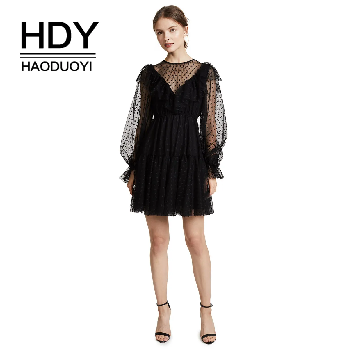HDY Haoduoyi Marca Black Mini Dress Wave Point Chiffon Lanterna Manica lunga Sexy Vestido Semi Sheer Abiti da donna per donna T200319