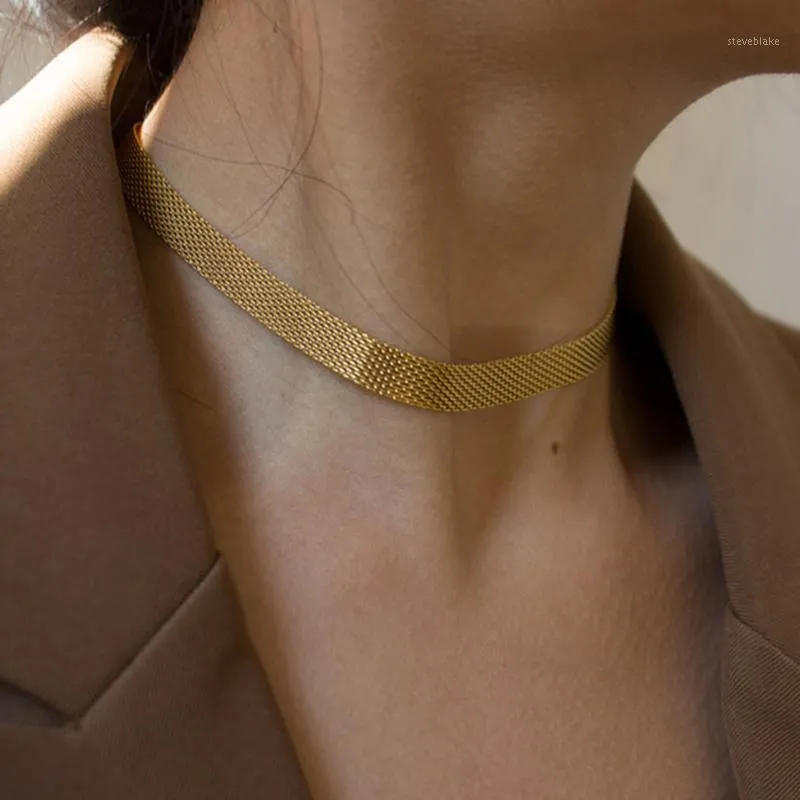 チョッカーズシンプルな織りのワイドチェーンネックレス鎖骨袋のテクスチャードチョーカーネックレスビンテージコリエフェムメミニマリストジュエリー1
