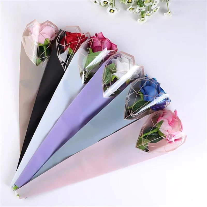 Present Wrap 20st/Lot Diamond Heart Wrapping Plastic Single Rose Flower Packaging Bag Party Decorations Boxar Falls For Flowers1