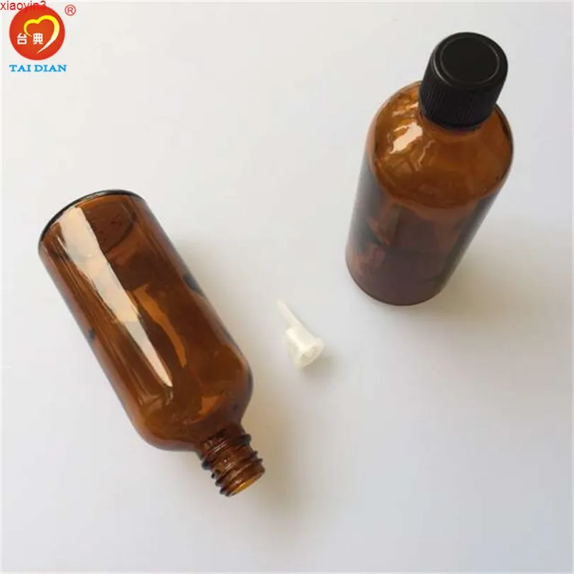100 ml bernsteinfarbene große Glasflaschen mit auslaufsicherem Stopfendeckel, Flüssigkeitsgläser, ätherisches Öl, 12 Stück/Los, hohe Qualität