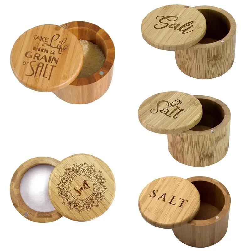 Bamboe-kruiden Box Keuken Zout Peper Spice Cellars Opbergcontainer met Swivel Magnetische Deksels Keukengereedschap