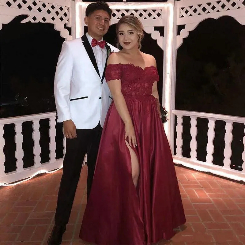 Sexy Cheap Burgundy Plus Size Prom Dresses Off Shoulder Appliques High Side Split Party Dress Formal Dress Evening Gowns ogstuff