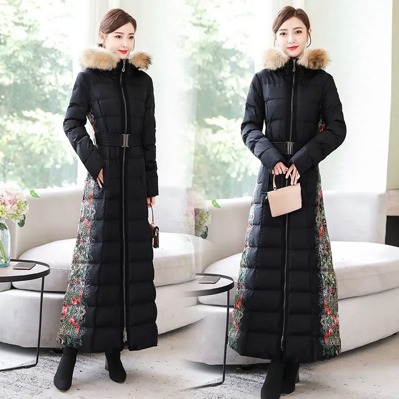 Chiński styl damski płaszcz zimowy duże futro drukowanie zagęszczone szczupły długie długi bawełniany kurtek Parka ciepły elegancki płaszcz Y185 201031