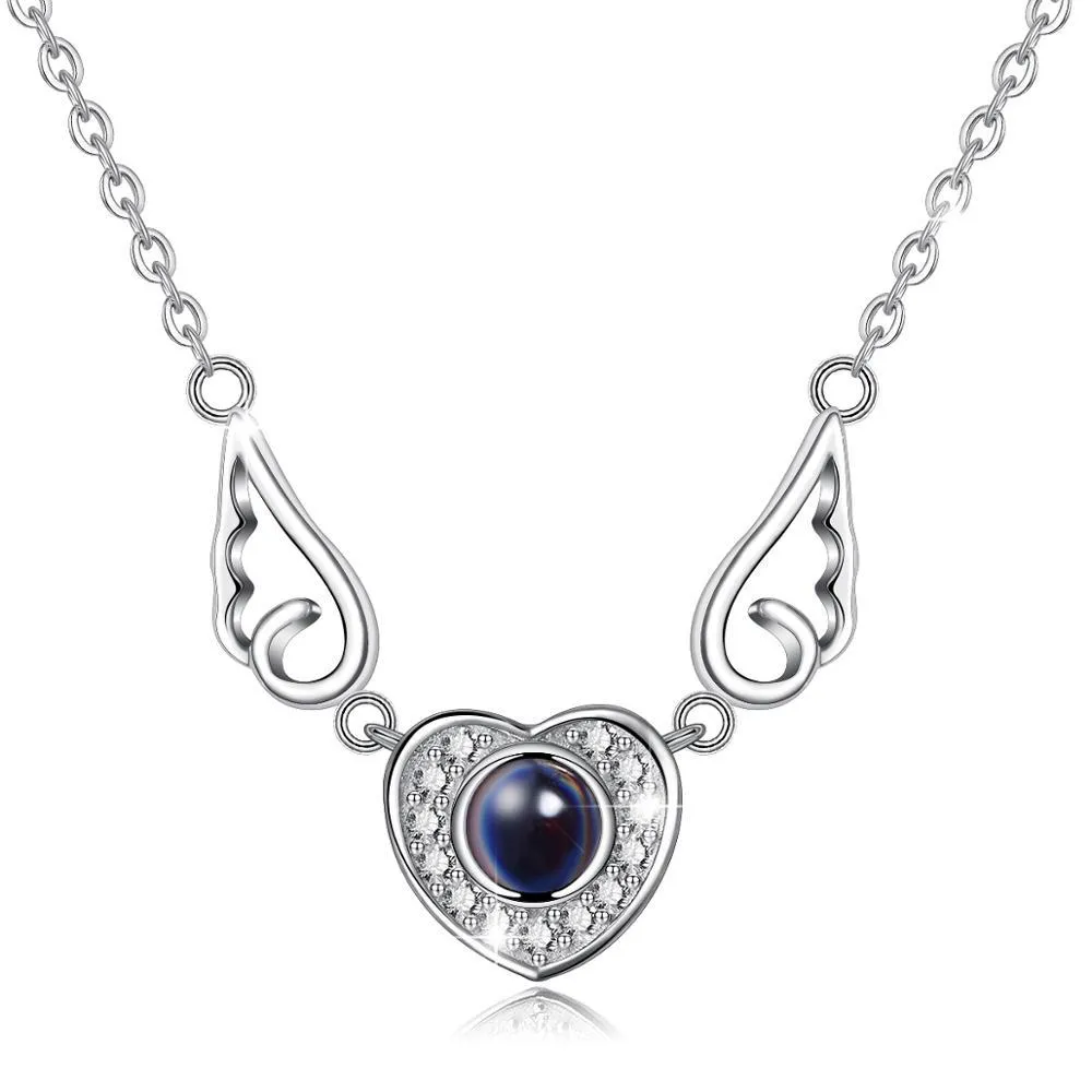 Eudora 925 Sterling Silver Angel Wings Heart Pendant 100 Språk Jag älskar dig Halsband för kvinnor Flickor AAA Zircon Fashion Smycken Q0531