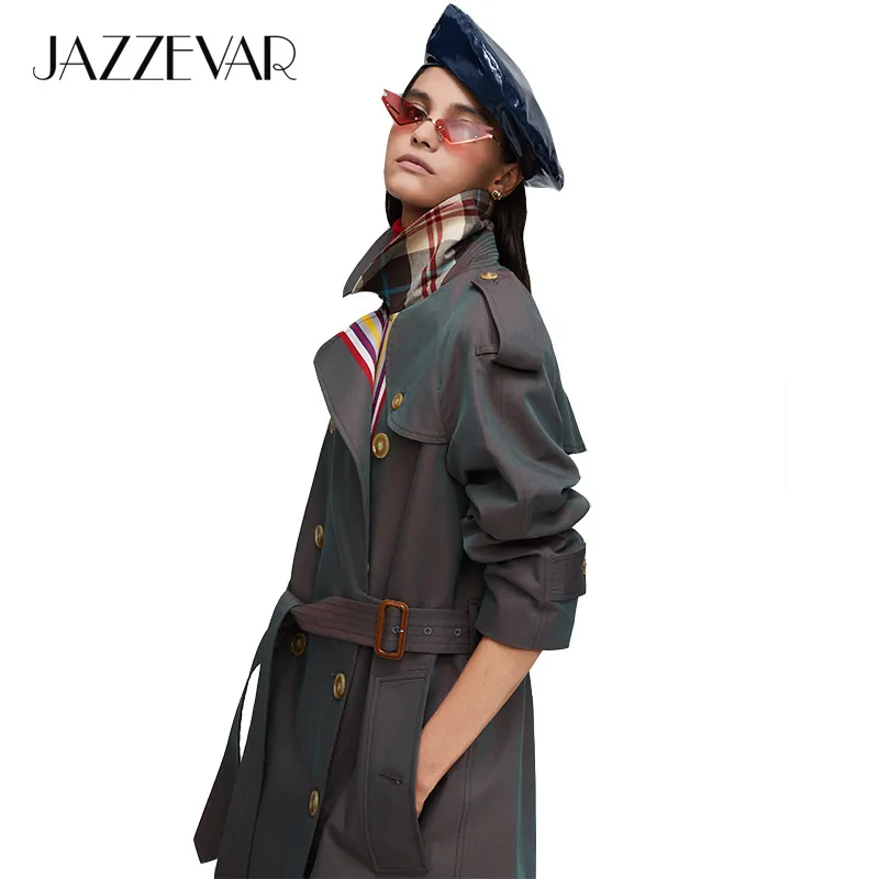 JAZZEVAR Nuovo arrivo autunno kaki trench donna moda casual cotone di alta qualità con cintura cappotto lungo per le donne 9004 201110