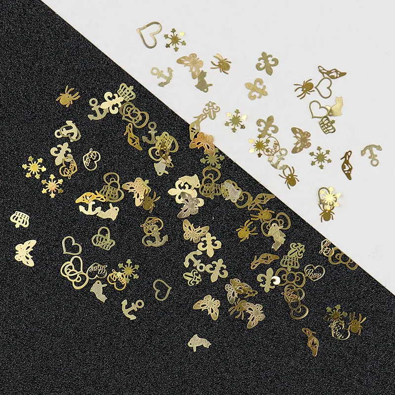 100pcs / lot guld metall nagel dekaler ultra-tunna flingor nagel bling rhinestone söt 3d nagel konst dekorationer charm naglar konst nitar