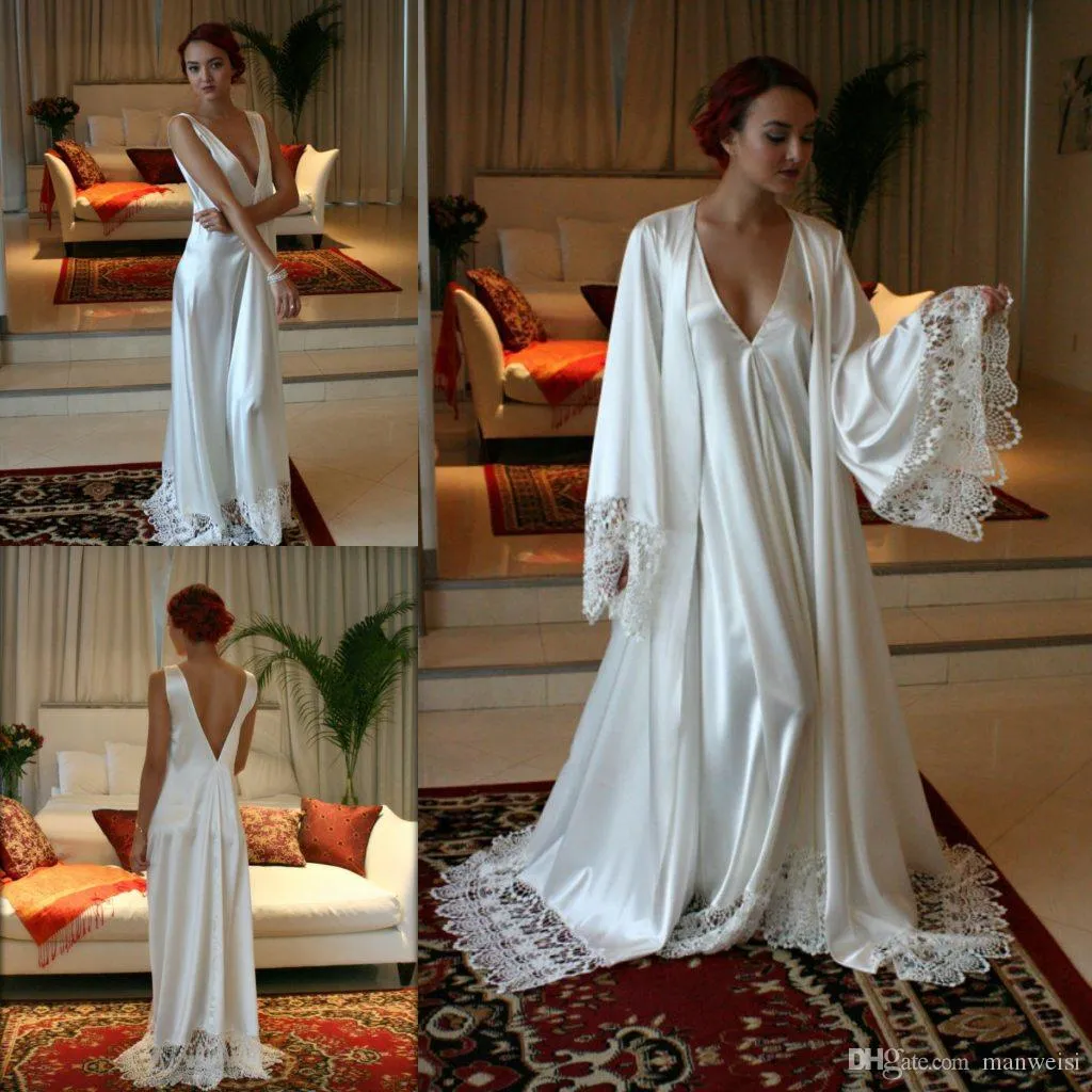 Två bitar Bridal Sleepwear Robes Custom Made Silk Satin Badrock Bröllopsfest Robe för Kvinnor Golvlängd Spets Nattklänning