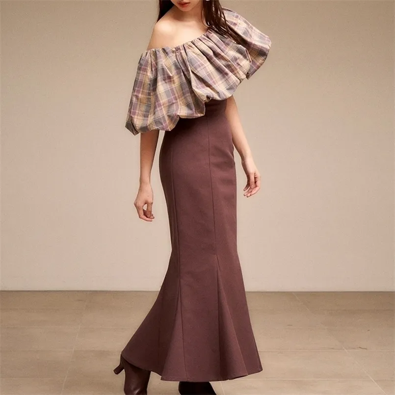 Temperament Elegant Trumpet Skirts for Women Fashion High Waist Slim Long Skirt Fall Solid All Match Japan Style Mujer Faldas 220221