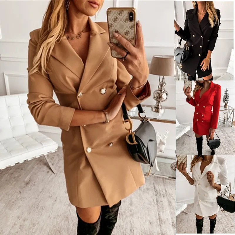 Kvinnor Kontor Lady Blazer Klänning Casual Notched Collar A-Line Mini Dresses Robe Femme Långärmad Knappar Slim Party