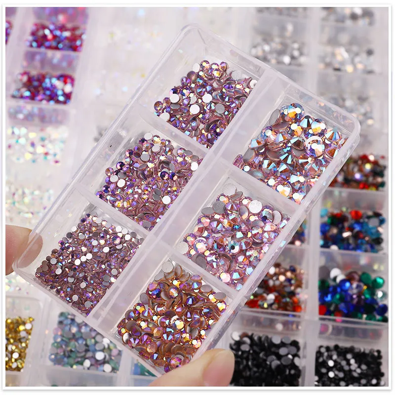 SS6-SS20 Mixed Size Crystal Nail Art Rhinestones Flat Bottom Ab Porslin Vit Champagne 3D Nails Decoration