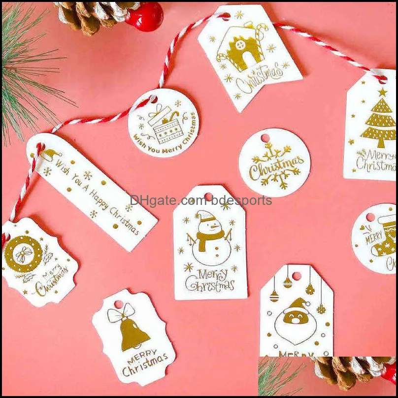 50sets Bronzing Merry Christmas Gift Tags Snowman Santa Claus Paper Card Label Xmas Party Gift Box Packaging Hang Tags with Rope Y1230