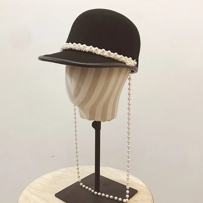 Nieuwe mode lange parels ketting wol cap vrouwen jong meisje outdoor baseball cap winter lente krantenjongen cap vizier cabbie derby hoed 201013