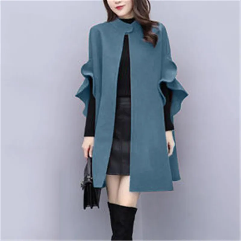 New Autumn Women's wool Shawl Cloak Ruffle Flare Sleeve Female Woolen Coats Fashion Loose Ladies Capes Long Coats Jackets LJ201106