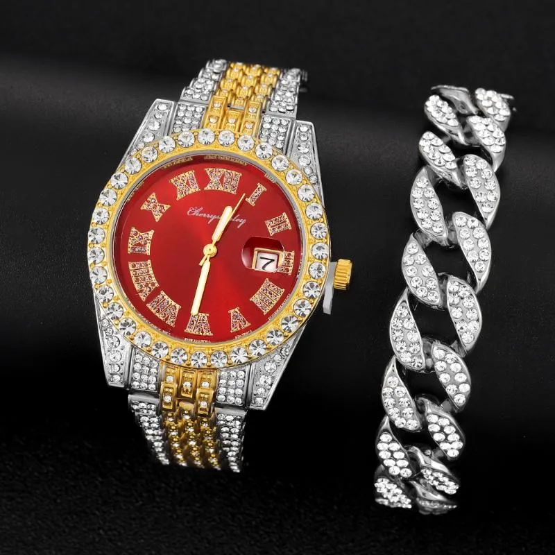 Wristwatches 2PCS Men Stainless Steel Watch Set Gold Luxury Fashion Calendar Quartz Rhinestone Wristwatch Man Clock Reloj