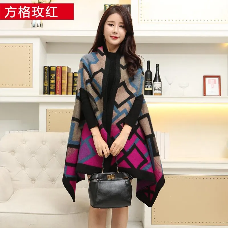 Ny 2020 Kvinnor Vinter Scarf Warmer Sjal Ladies Plaid Blanket Sticka Wrap Cashmere Poncho Capes Kvinna Echarpe