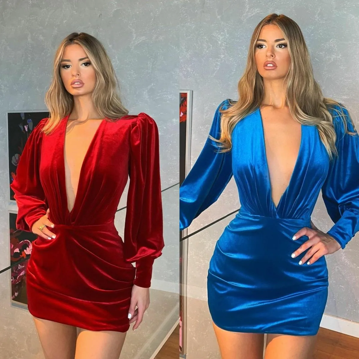 Sexy Deep V Neck Velvet Mini Cocktail Dresses 2021 Long Sleeves Ruched Short Prom Gowns Plus Size Celebrity Party Dress