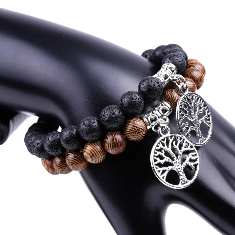 Mode Antik Silver LifeTree Charm Natural Stone Wood Beads Strands Armband för Man Kvinna Present