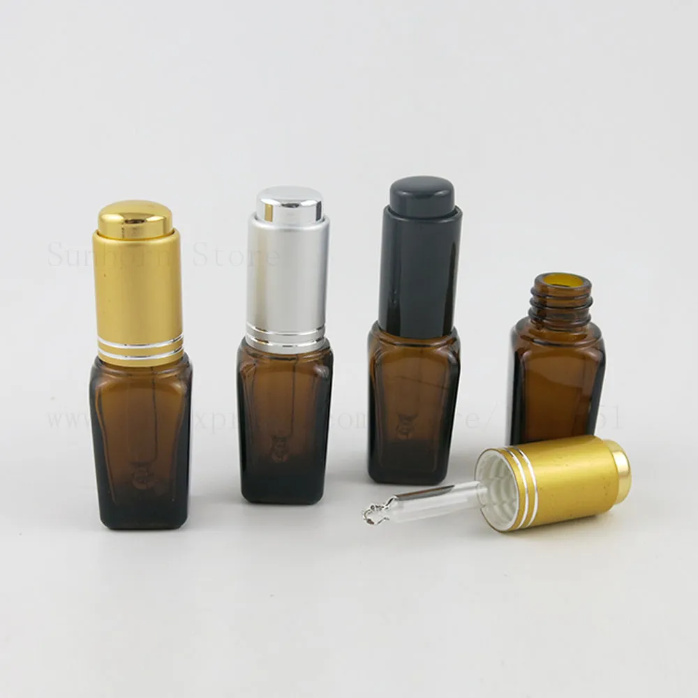 Nouveau Design 10 ml 1/3 oz Petit Mini Ambre Carré e huile liquide Flacons compte-gouttes En Verre Avec Or Argent Noir Couvercles