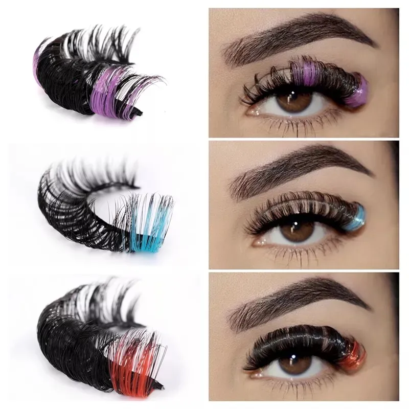 Bunte falsche Wimpern, zweifarbig, D-Durl-Fuax-Nerzwimpern, dicke, dramatische 3D-Nerzfarbene Wimpern für Cosplay-Party-Augen-Make-up-Verlängerung