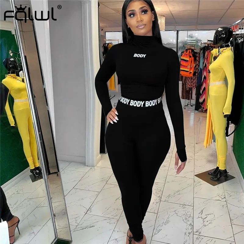 FQLWL White Black Fitness 2 Piece Set Women Suit Sportwear Summer Outfits Long Sleeve Crop Top Leggings Ladies Tracksuit Female 201007