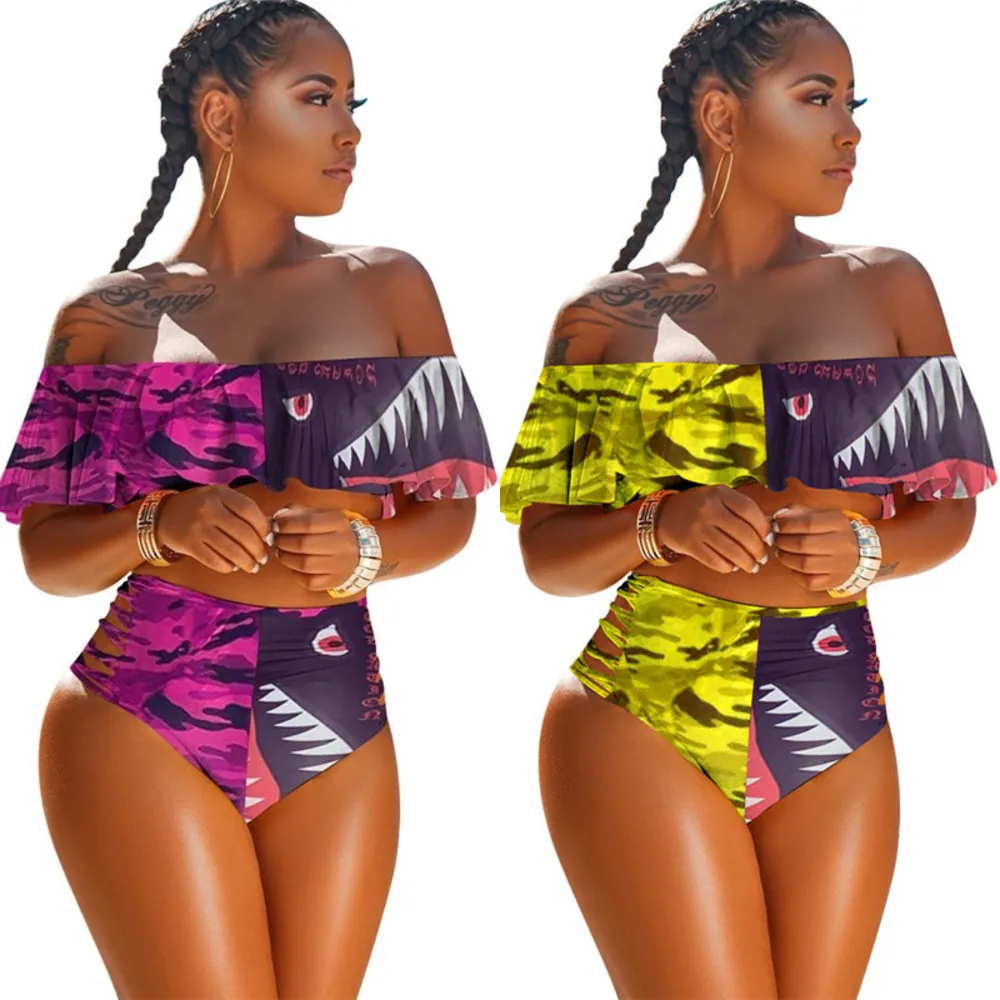 Summer Womens Swimwear Designers Bikini Set senza spalline Costume da bagno balza Reggiseno + Pantaloncini Shark Face Cartoon Beach Nuoto Set da bagno H12105