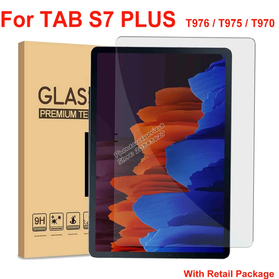 Protector de pantalla de vidrio templado de tabletas para Samsung TAB S7 Plus S7Plus T976 T975 T970 9H 12.4 pulgadas de vidrio protector con paquete minorista