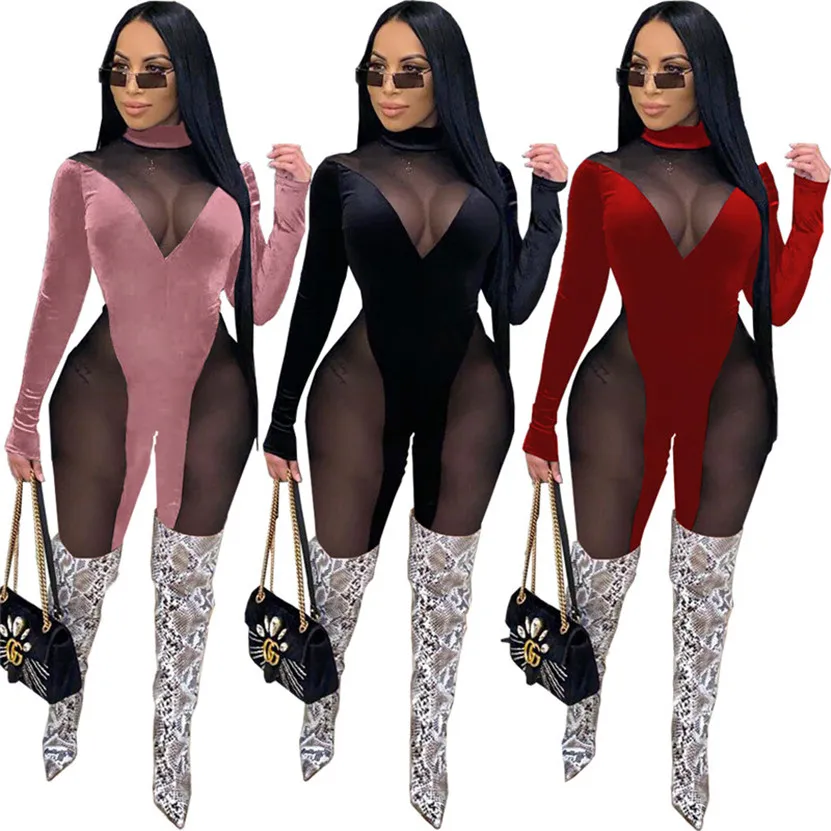 Plus size 2X fall winter Women sexy night club wearing mesh Jumpsuits casual solid color long sleeve Rompers sexy skinny bodysuits 4162