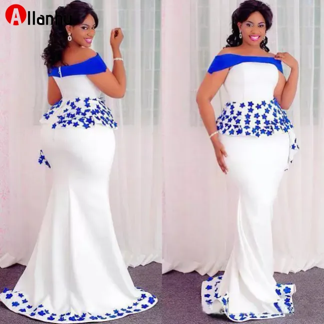 2022 2022 Nyttårs Aso Ebi Styles Mermaid Evening Formella Klänningar med Peplum 2022 Off Shoulder Lace Floral African Nigerian Occasion Prom Party Gown